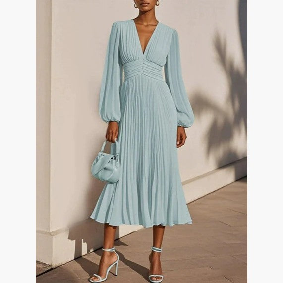 Pleated V-neck Long Sleeve Chiffon Women's Dress