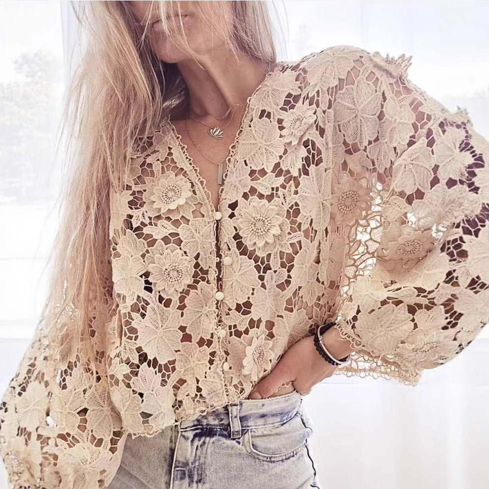 Elegant Three-dimensional Lace Flower V-neck Hollow Long Sleeve