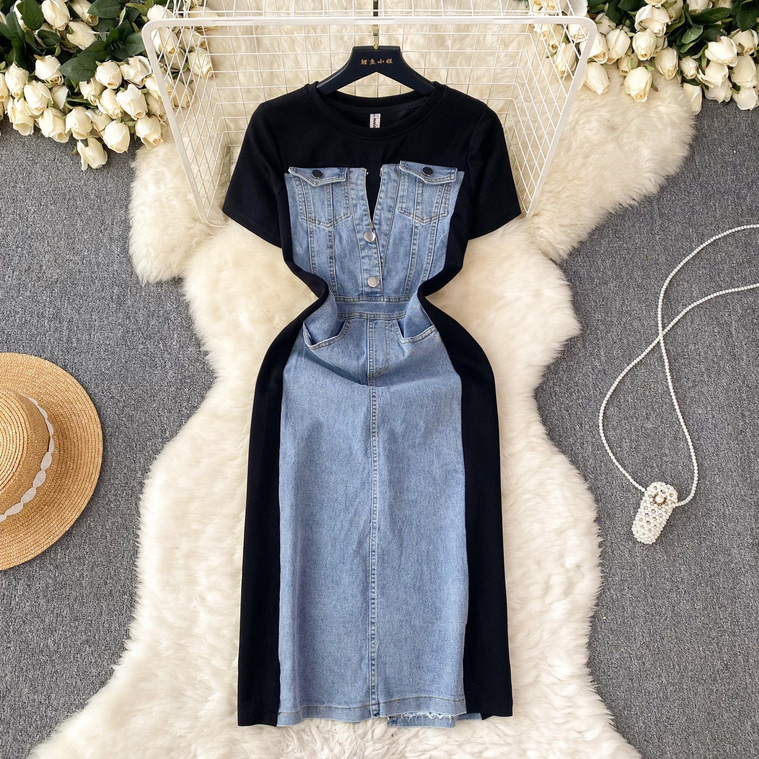 Niche Round Neck Short Sleeve Stitching Denim Dress