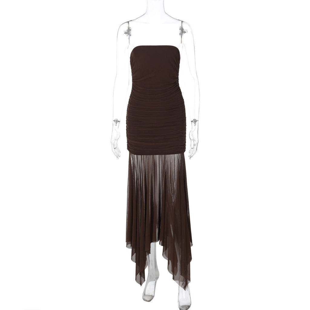 Tube Top Sleeveless Pleated Stitching Voile Long Dress