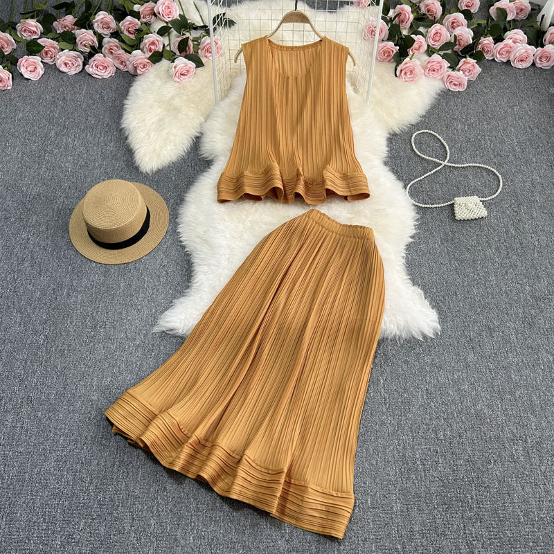 Casual Elegance Sleeveless Ruffled Loose Top And Skirt Two-piece Set