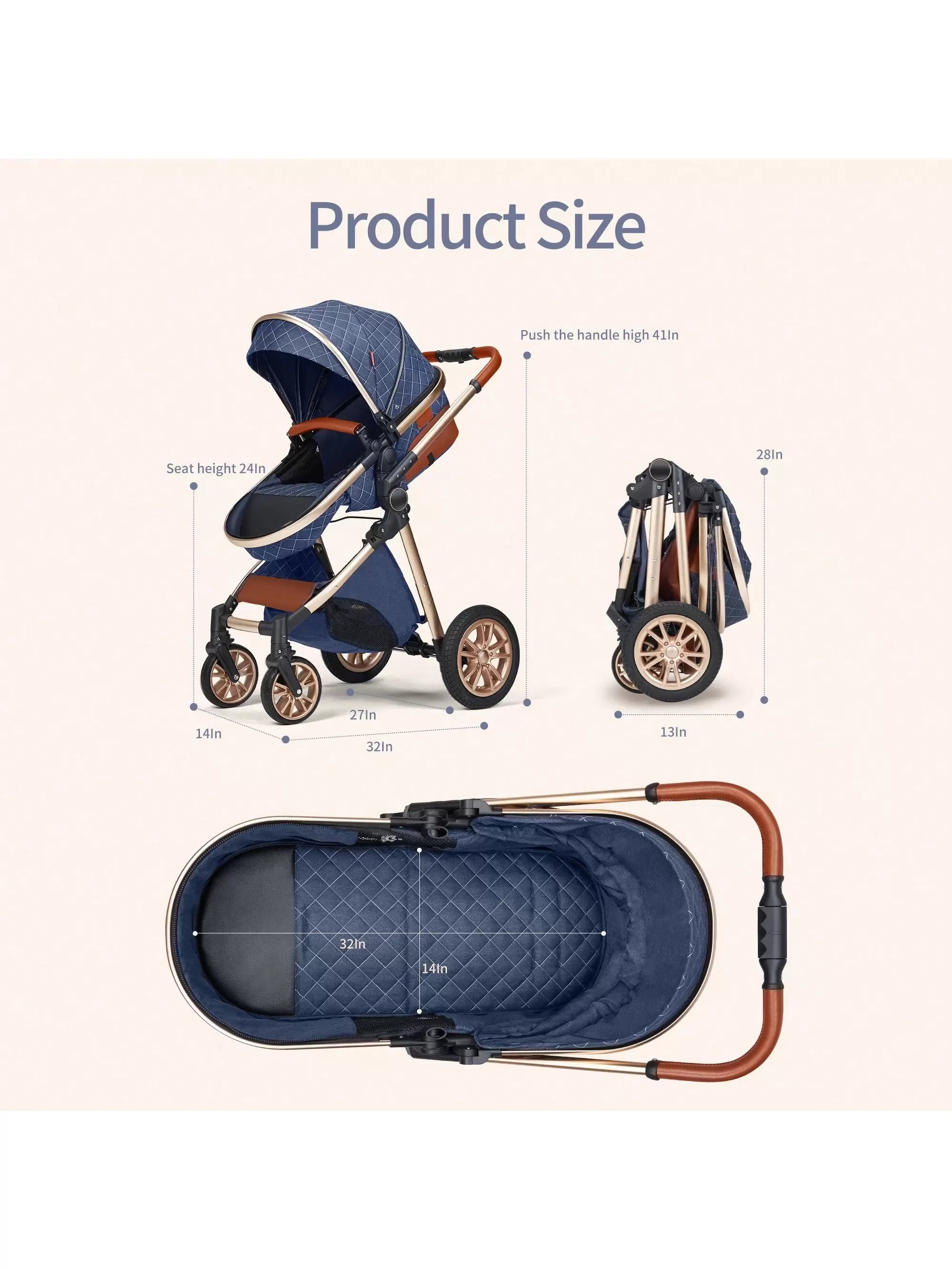 B.CHILDHOOD Baby Stroller Travel System Combo Set, Infant High Landscape Pram, Foldable Reversible Portable Stroller, Newborn Pushchair Buggy, Reclining Baby Carriage