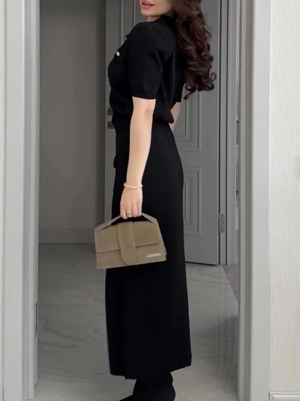 Lapel Short Sleeve Shirt & Single Button Skirt Set