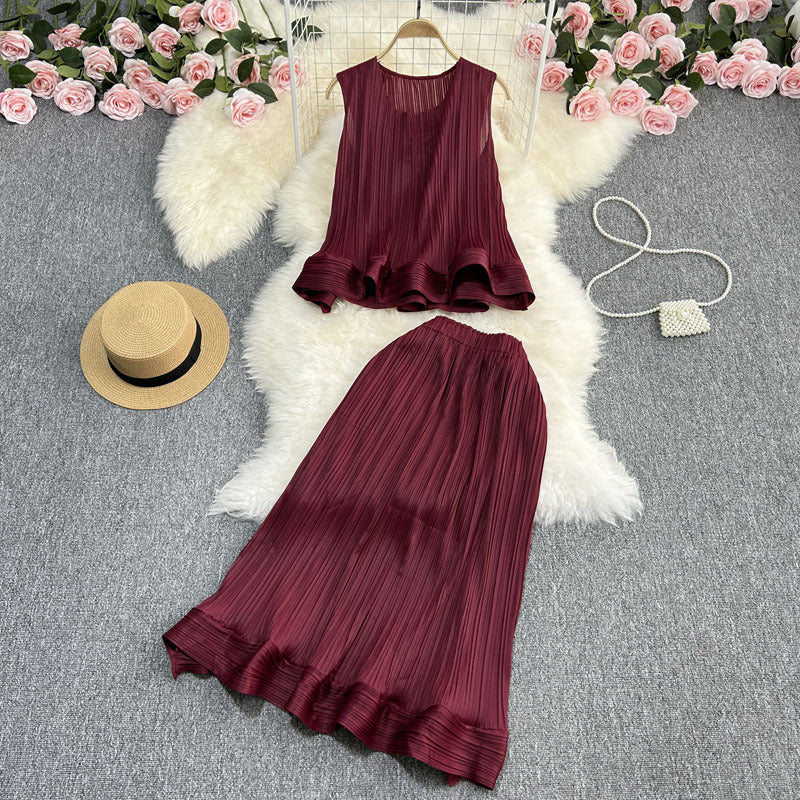 Casual Elegance Sleeveless Ruffled Loose Top And Skirt Two-piece Set