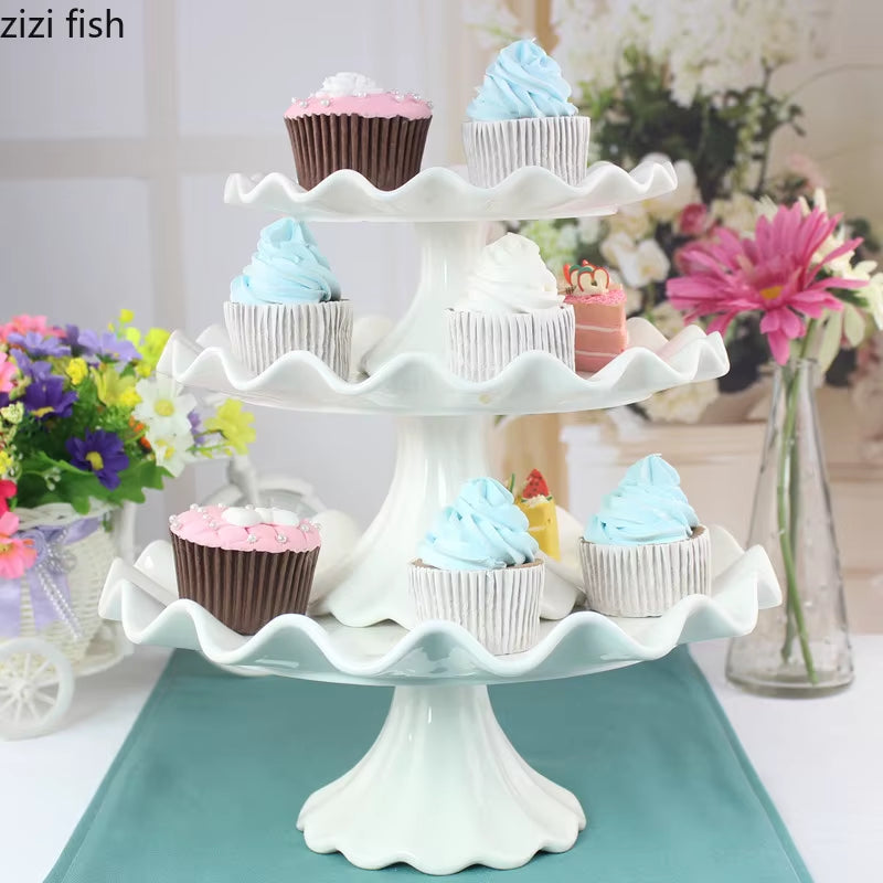 European Ceramic Wave-Shaped Dessert Pastry Tray High-Foot Cake Stand Porcelain Household Fruit Dessert Tray Home Decoration New