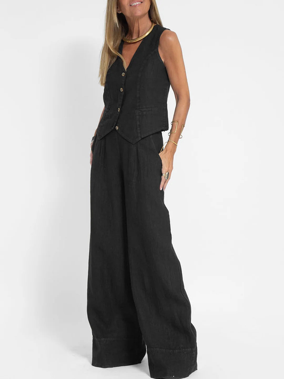 Fashionable Vest & Pants Patchwork Set - Women's Casual Cotton Linen Outfit, Trendy Matching Two-Piece For Daily Wear