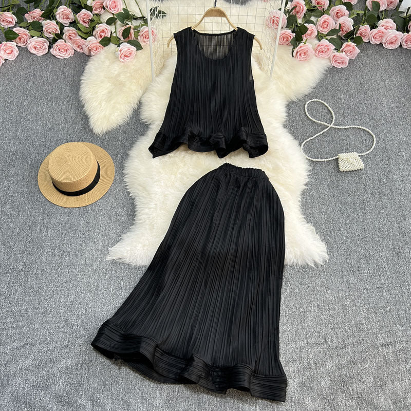 Casual Elegance Sleeveless Ruffled Loose Top And Skirt Two-piece Set