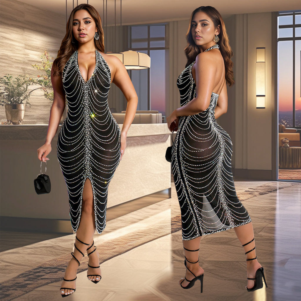 European And American Fashion Rhinestone Slim Fit Dress