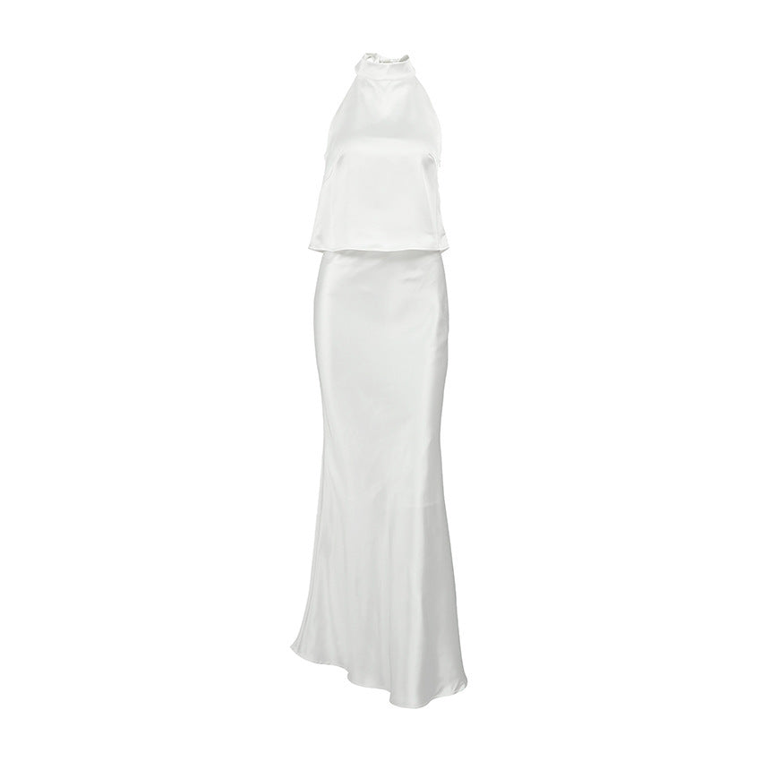 White Sleeveless Halter Vest Fishtail Skirt Suit