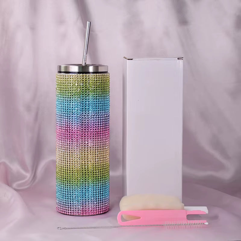 20Oz Bling Diamond Thermos Bottle Coffee Cup with Straw Stainless Steel Water Bottle Tumblers Mug Girl Women Gift