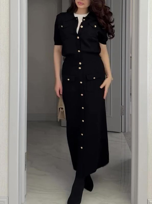 Lapel Short Sleeve Shirt & Single Button Skirt Set