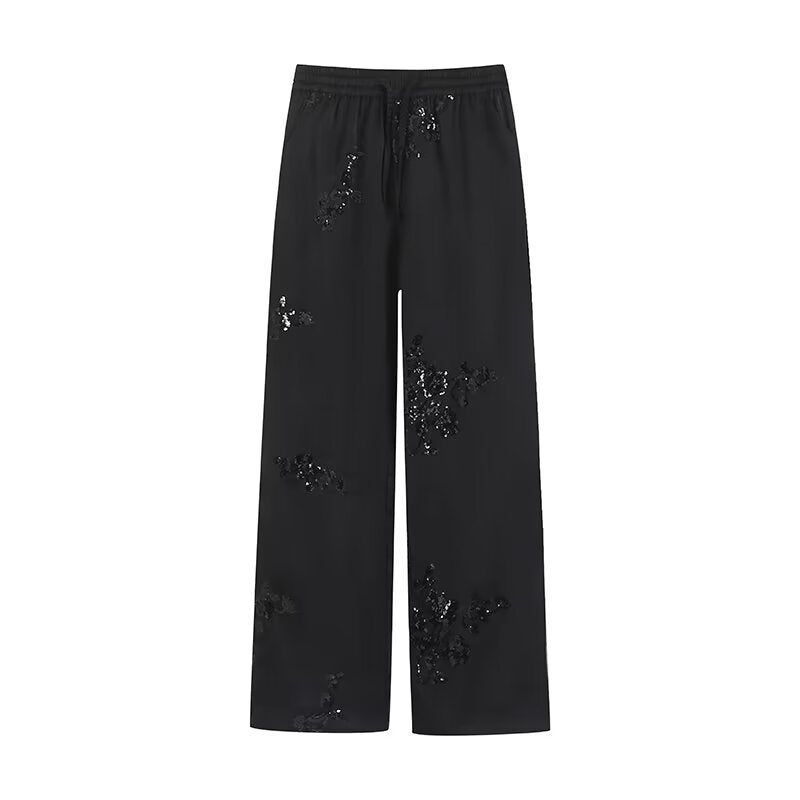 Spring Summer Women's Wear Shirt Outfit Beads Decoration Top High Waist Pants
