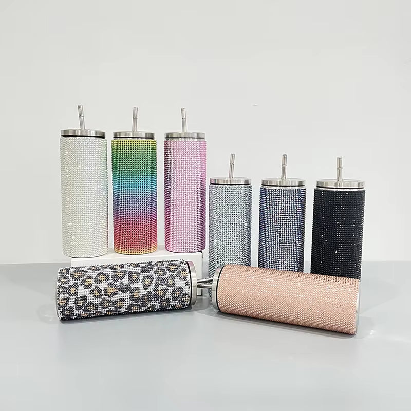20Oz Bling Diamond Thermos Bottle Coffee Cup with Straw Stainless Steel Water Bottle Tumblers Mug Girl Women Gift