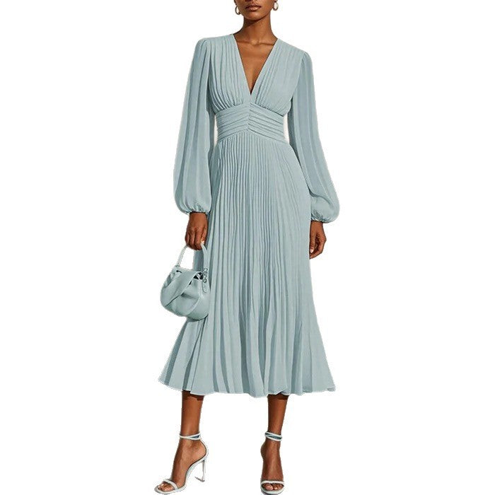 Pleated V-neck Long Sleeve Chiffon Women's Dress