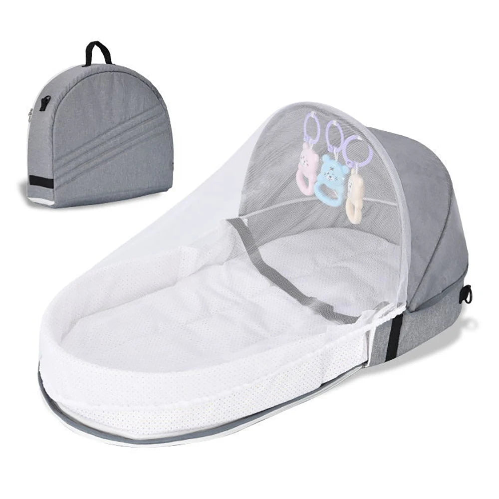 Portable Foldable Baby Crib with Mosquito Net Travel Backpack Playpen for Newborns 2-12 Months Multi-Function Baby Bed with Toys