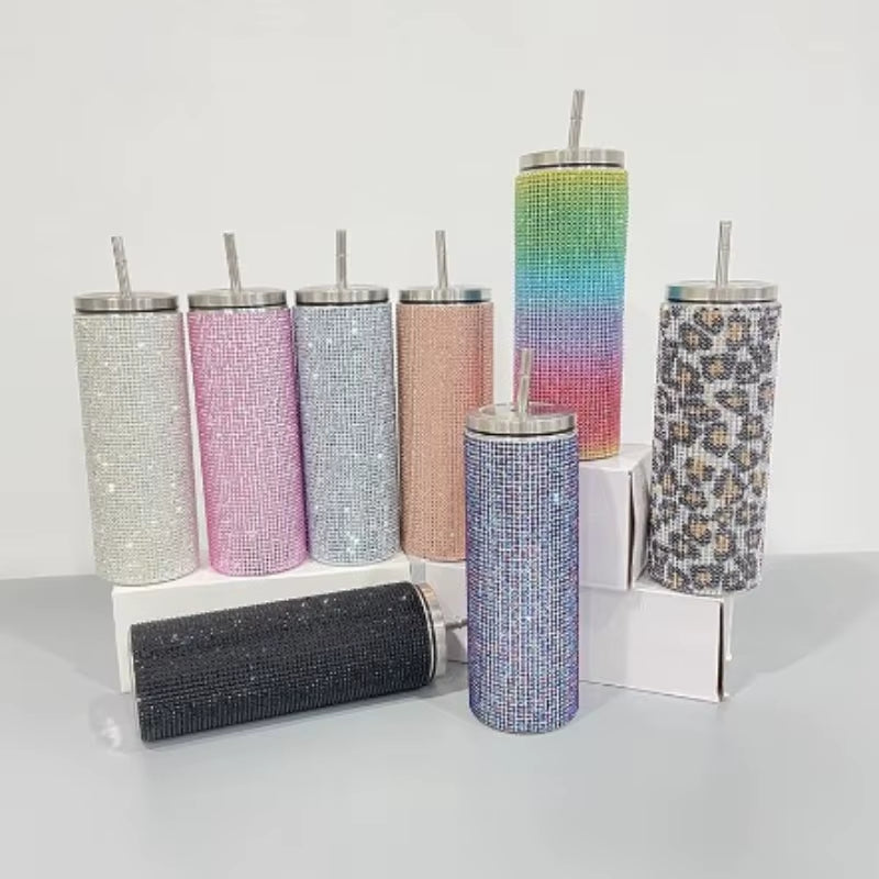 20Oz Bling Diamond Thermos Bottle Coffee Cup with Straw Stainless Steel Water Bottle Tumblers Mug Girl Women Gift