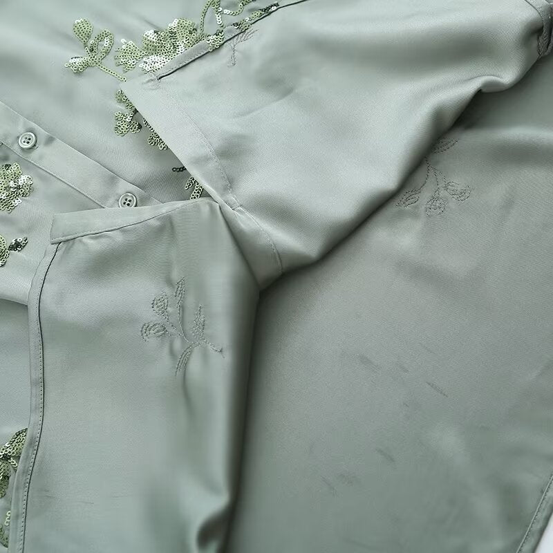 Spring Summer Women's Wear Shirt Outfit Beads Decoration Top High Waist Pants