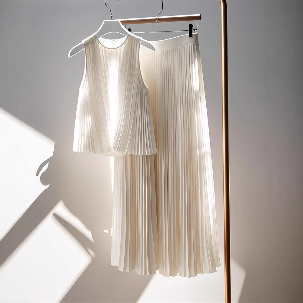 Popular White Pleated High-end Coat Skirt Two-piece Set