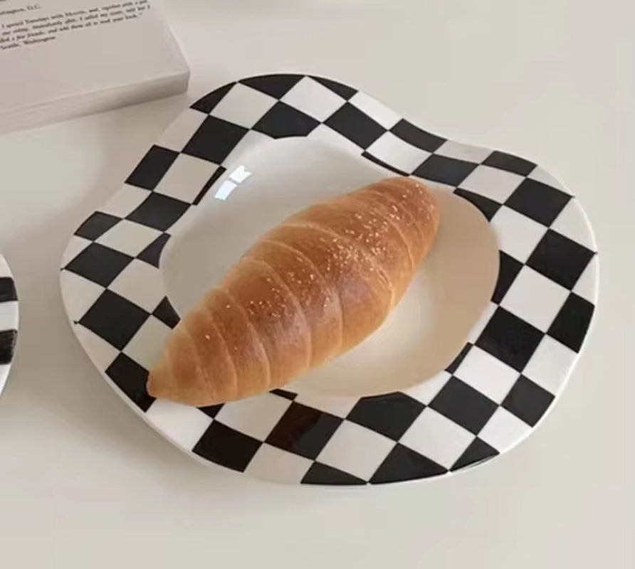 8Inch Nordic Ceramic Plate Dot Stripe Irregular Wave Shape Ceramic Dessert Plate Pasta Plate Dinner Plates Ceramic Dish Plates