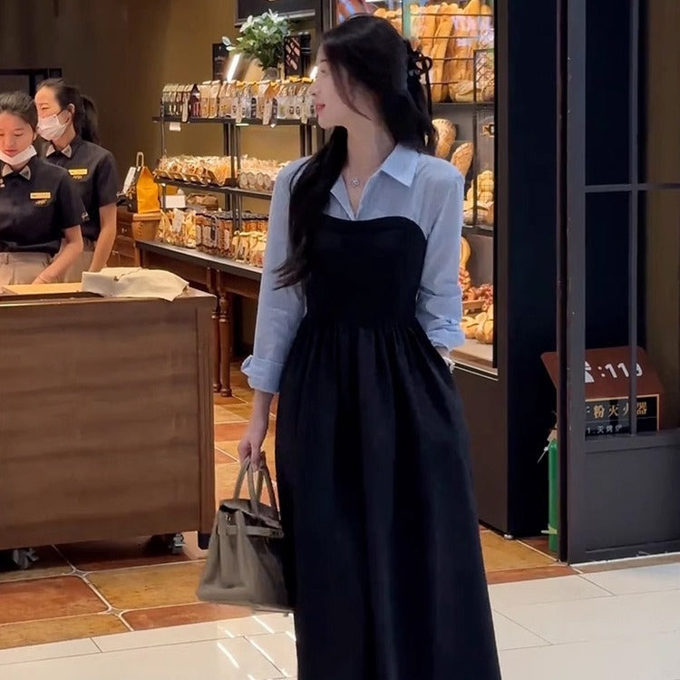 Stitching Lapel Long Sleeve Dress Women's Waist Slimming