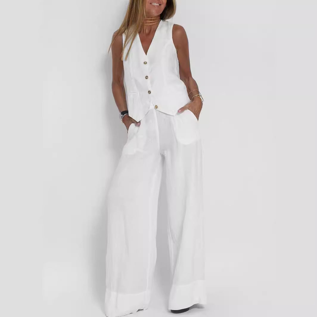 Fashionable Vest & Pants Patchwork Set - Women's Casual Cotton Linen Outfit, Trendy Matching Two-Piece For Daily Wear