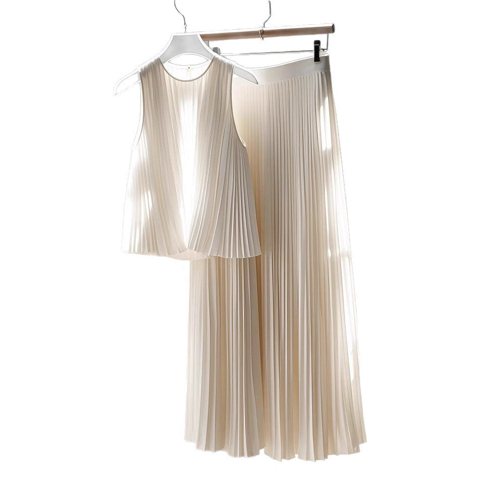 Popular White Pleated High-end Coat Skirt Two-piece Set