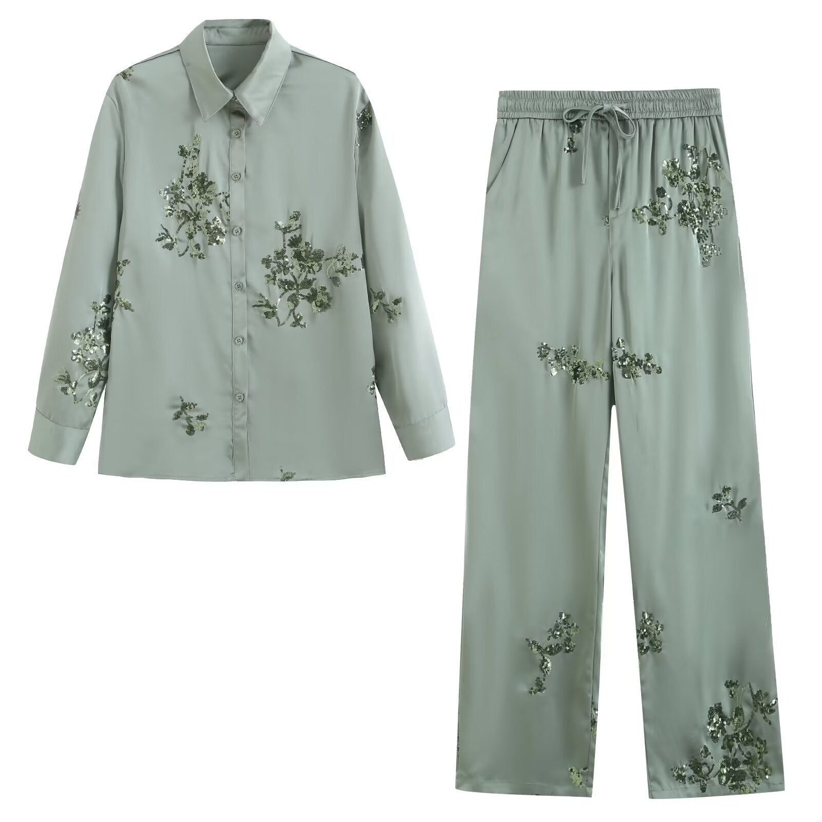 Spring Summer Women's Wear Shirt Outfit Beads Decoration Top High Waist Pants