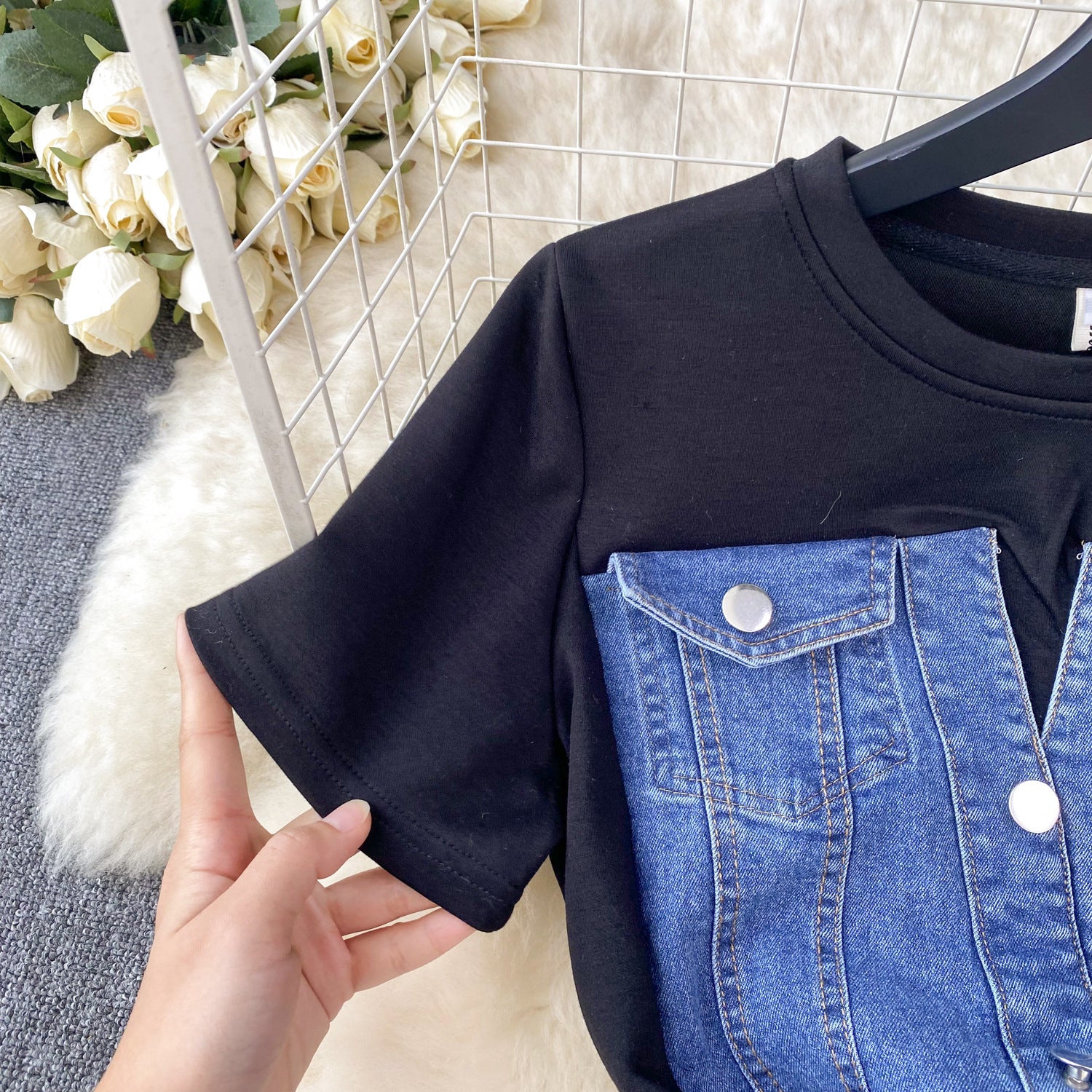 Niche Round Neck Short Sleeve Stitching Denim Dress