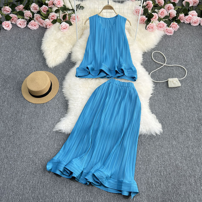 Casual Elegance Sleeveless Ruffled Loose Top And Skirt Two-piece Set