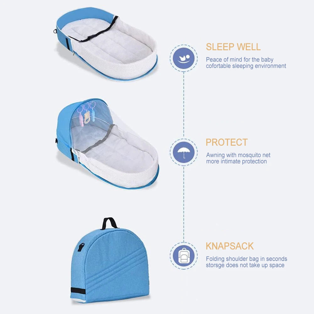 Portable Foldable Baby Crib with Mosquito Net Travel Backpack Playpen for Newborns 2-12 Months Multi-Function Baby Bed with Toys