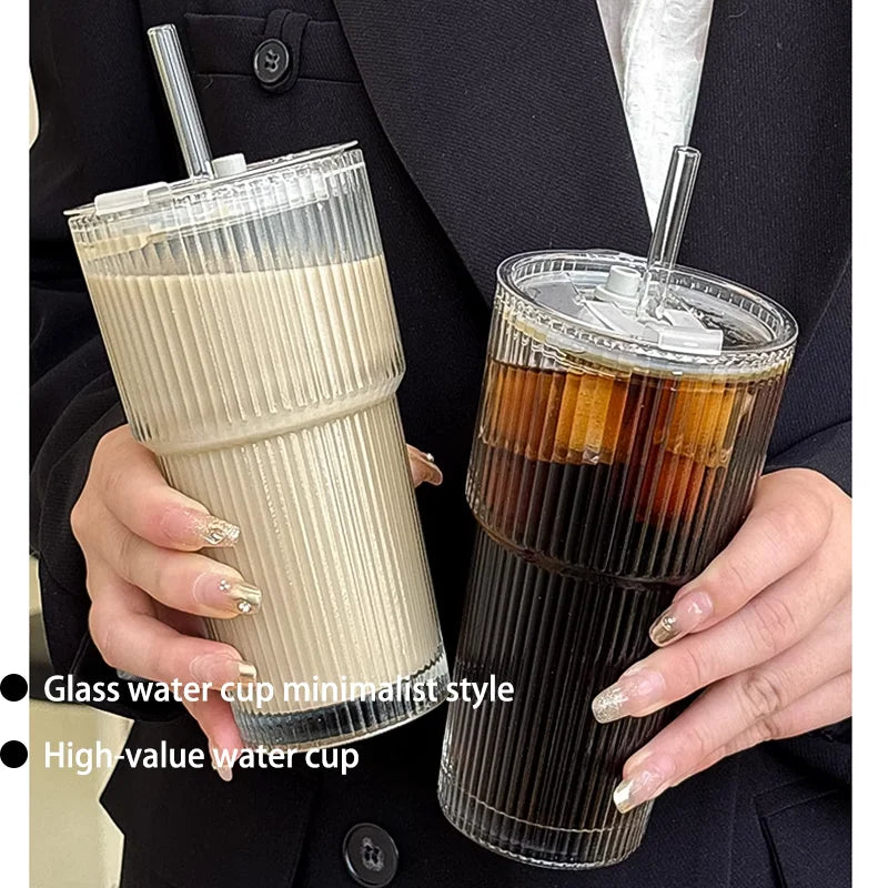 Vertical Striped Bamboo Joint Cup with Straw Glass Cup for Women'S High-Quality Office Cup Large Capacity Coffee Cup for Househo