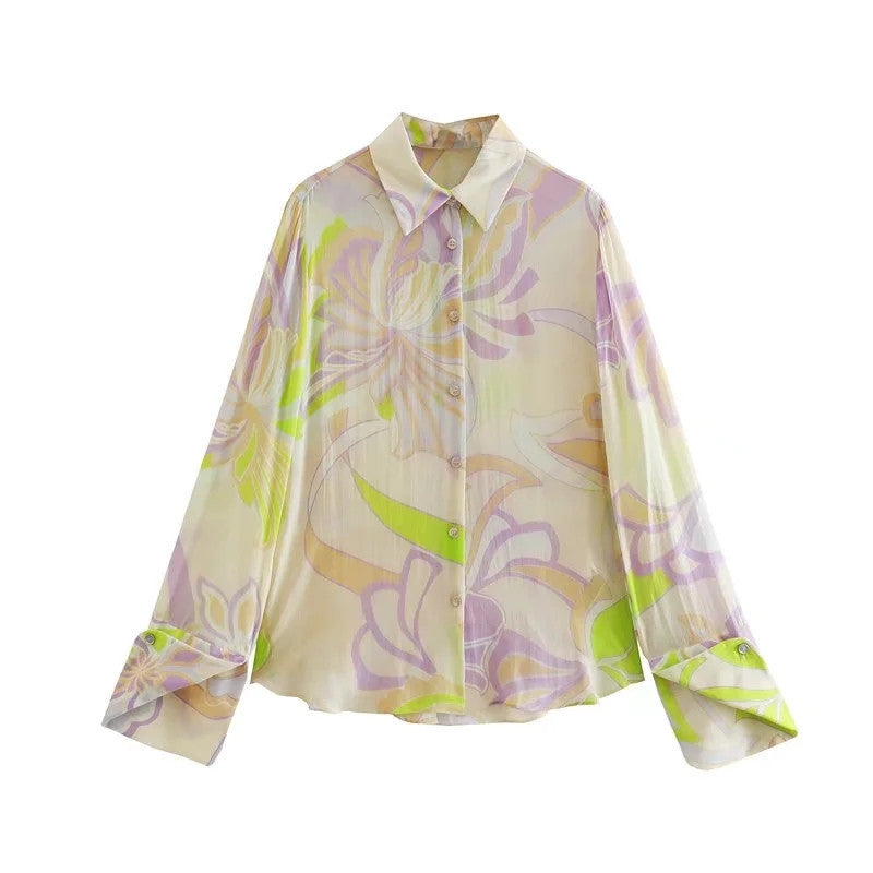Spring And Summer Women's French Retro And Fashion All-matching Printed Shirt Straight-leg Trousers Suit