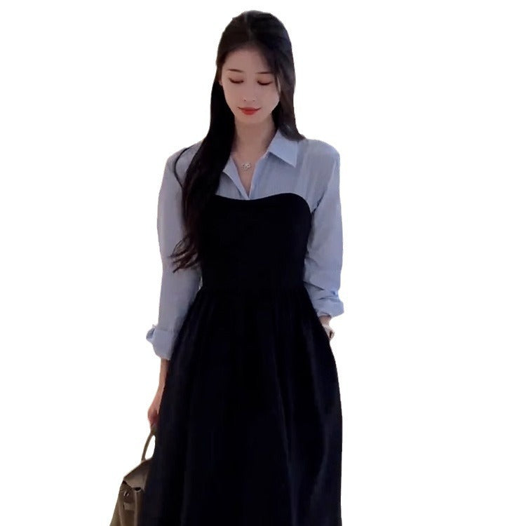 Stitching Lapel Long Sleeve Dress Women's Waist Slimming