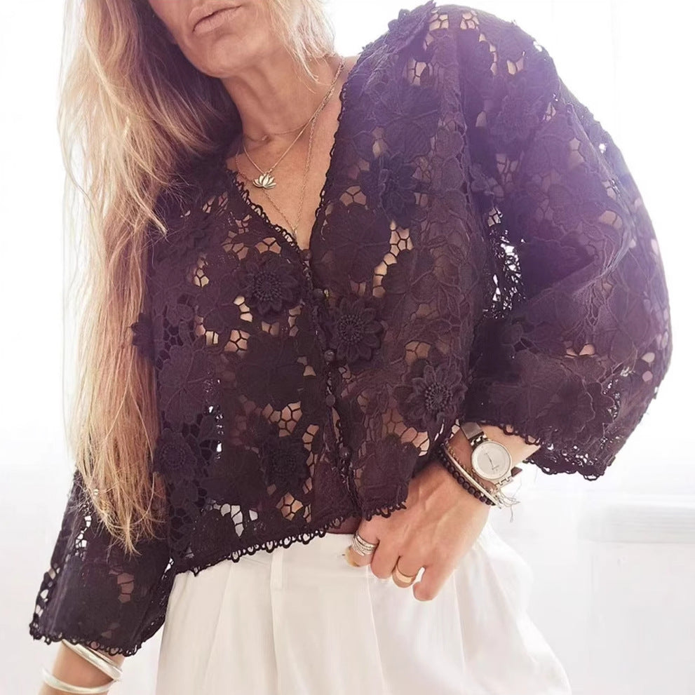 Elegant Three-dimensional Lace Flower V-neck Hollow Long Sleeve
