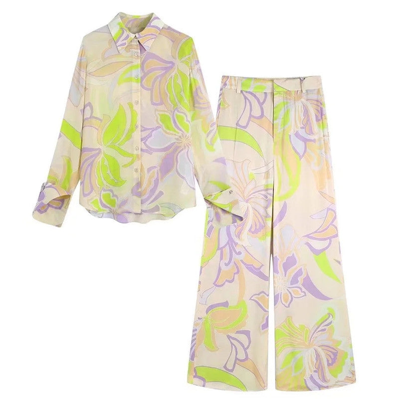 Spring And Summer Women's French Retro And Fashion All-matching Printed Shirt Straight-leg Trousers Suit