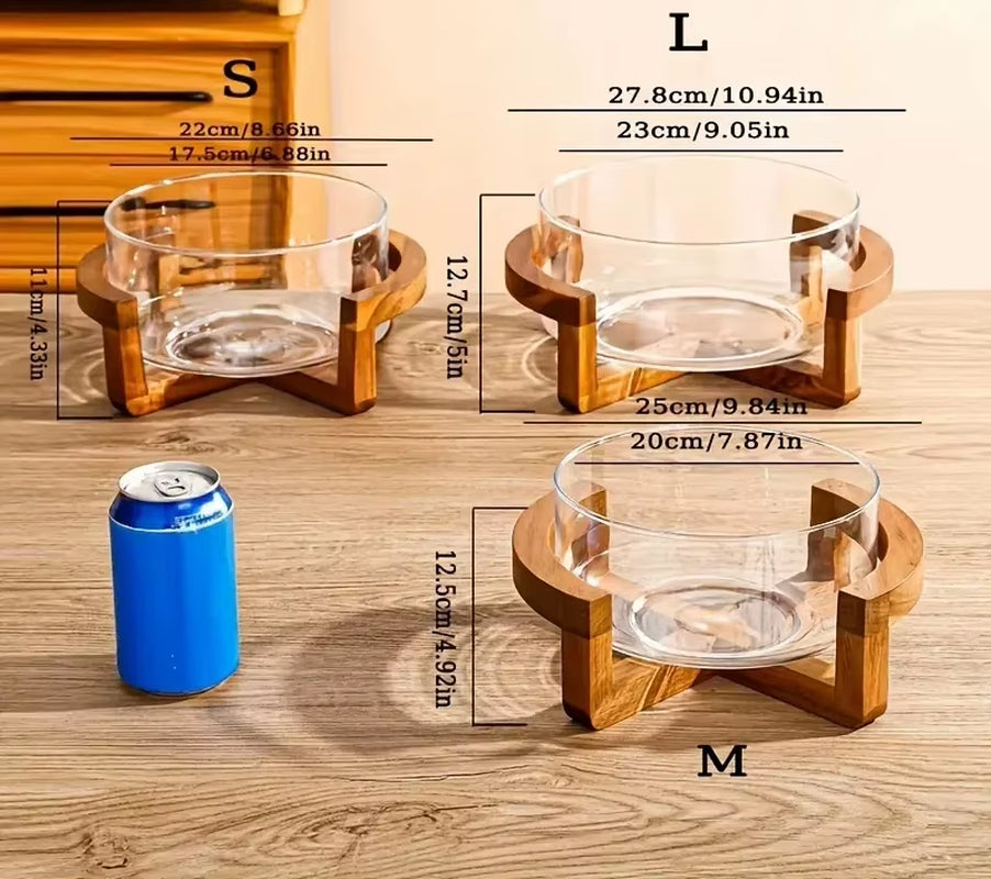 Elegant Glass Salad Bowl Set with Wooden Base Light Luxury Fruit Bowl for Home Restaurant Stylish Glass Snack Tray