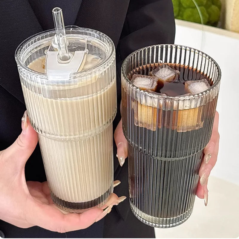 Vertical Striped Bamboo Joint Cup with Straw Glass Cup for Women'S High-Quality Office Cup Large Capacity Coffee Cup for Househo