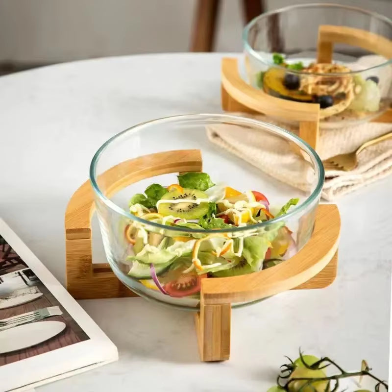 Elegant Glass Salad Bowl Set with Wooden Base Light Luxury Fruit Bowl for Home Restaurant Stylish Glass Snack Tray