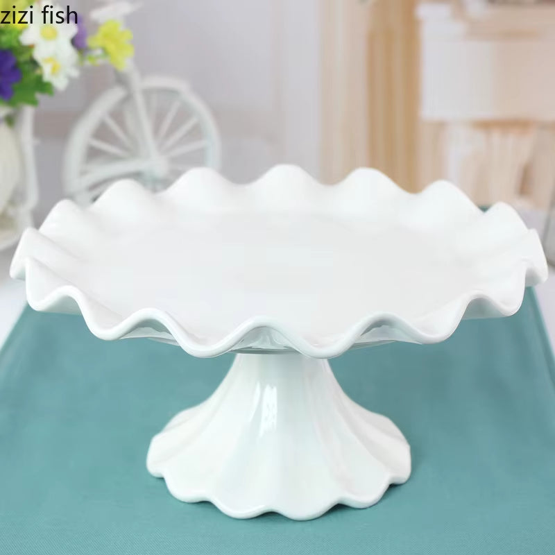 European Ceramic Wave-Shaped Dessert Pastry Tray High-Foot Cake Stand Porcelain Household Fruit Dessert Tray Home Decoration New