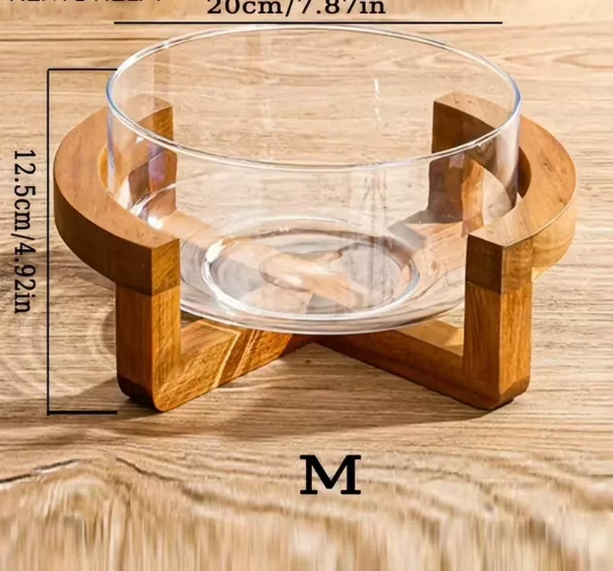 Elegant Glass Salad Bowl Set with Wooden Base Light Luxury Fruit Bowl for Home Restaurant Stylish Glass Snack Tray