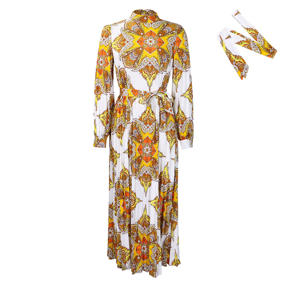 Fashion Women's Wear Printed Long Sleeve Pleated Dress