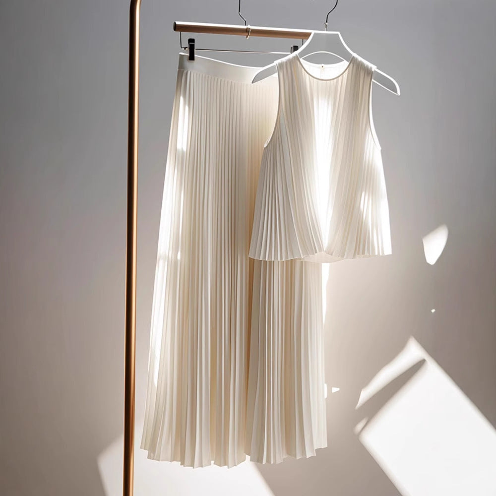 Popular White Pleated High-end Coat Skirt Two-piece Set