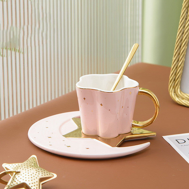 Creative Ceramic Cup with Star and Moon Saucer