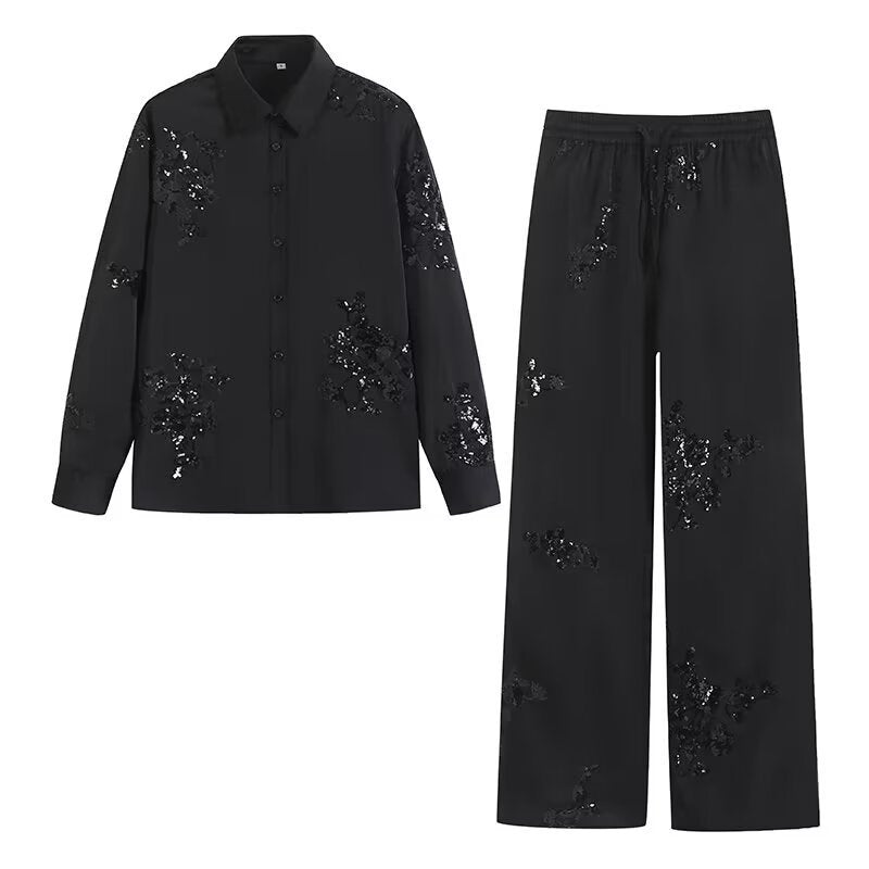 Spring Summer Women's Wear Shirt Outfit Beads Decoration Top High Waist Pants