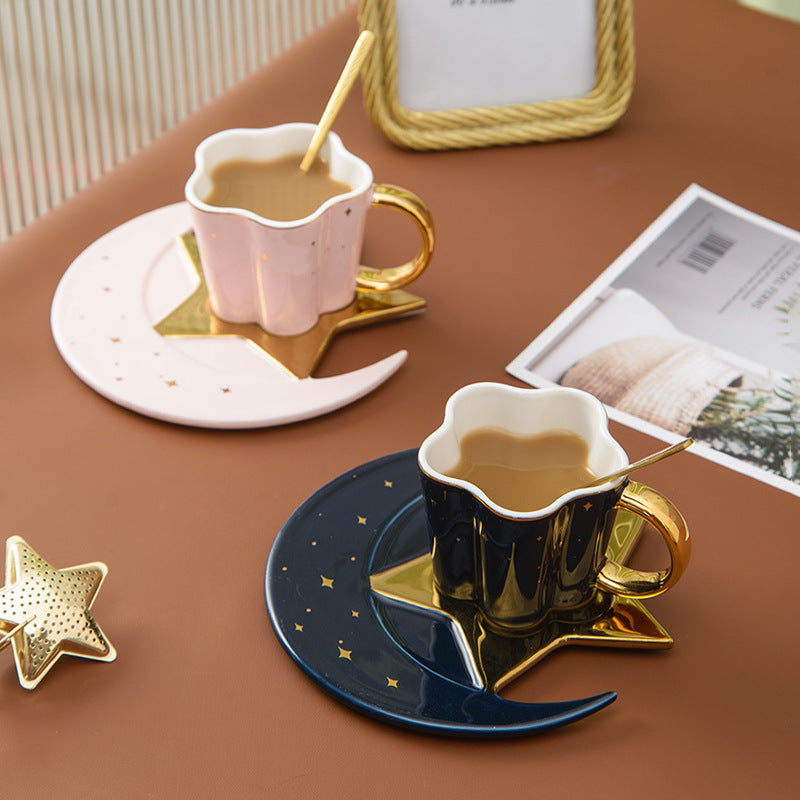 Creative Ceramic Cup with Star and Moon Saucer
