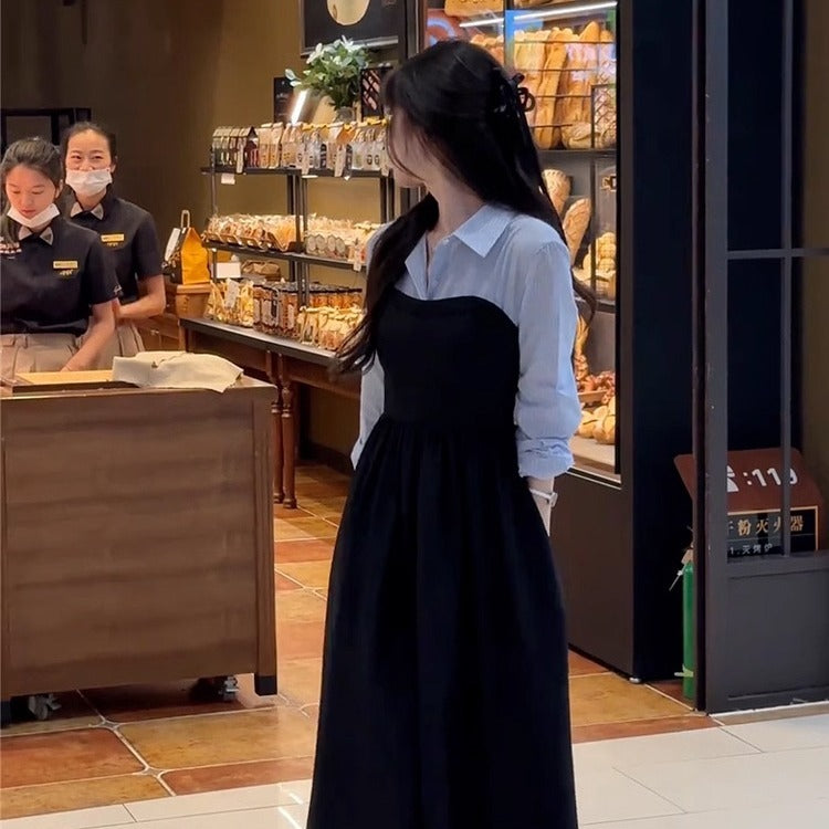 Stitching Lapel Long Sleeve Dress Women's Waist Slimming