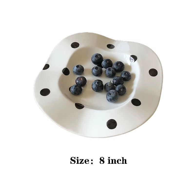 8Inch Nordic Ceramic Plate Dot Stripe Irregular Wave Shape Ceramic Dessert Plate Pasta Plate Dinner Plates Ceramic Dish Plates