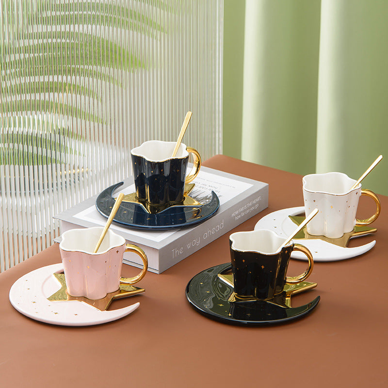 Creative Ceramic Cup with Star and Moon Saucer