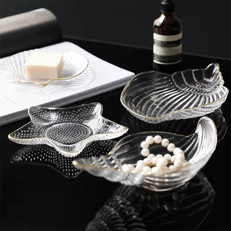 Small Glass Plates and Bowls Set with Glod Rim, Nordic Ocean Dessert Fruit Plate, Jewelry Storage Tray, Decorative Trinket Dish