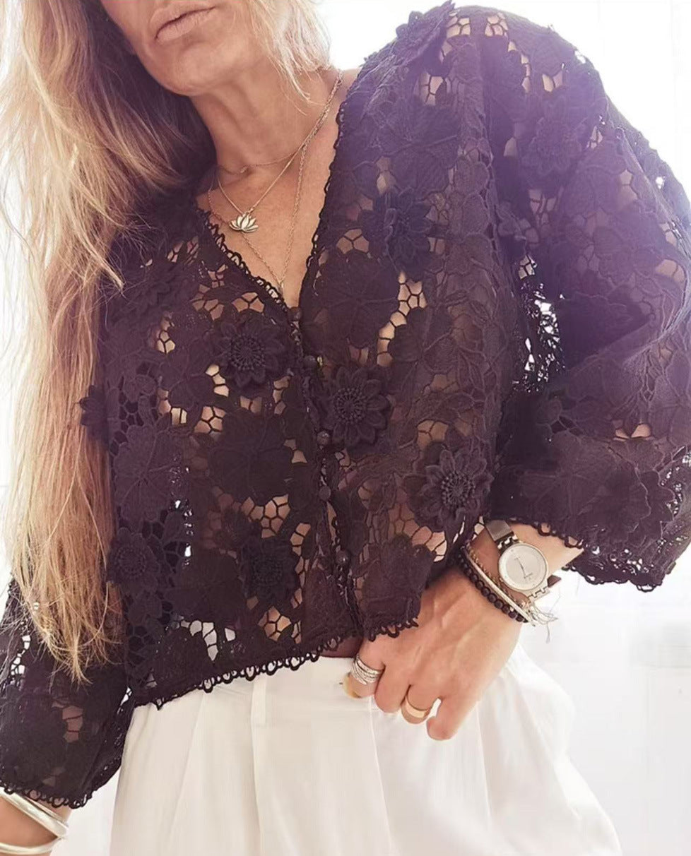 Elegant Three-dimensional Lace Flower V-neck Hollow Long Sleeve